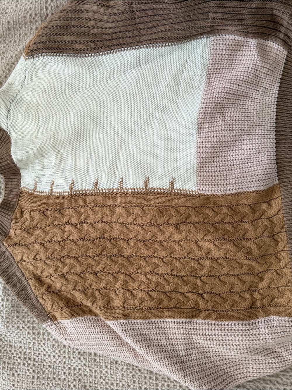 Altar'd State Mixed Patchwork V-Neck Sweater in Brown, Cream & Pink - Picture 2 of 3